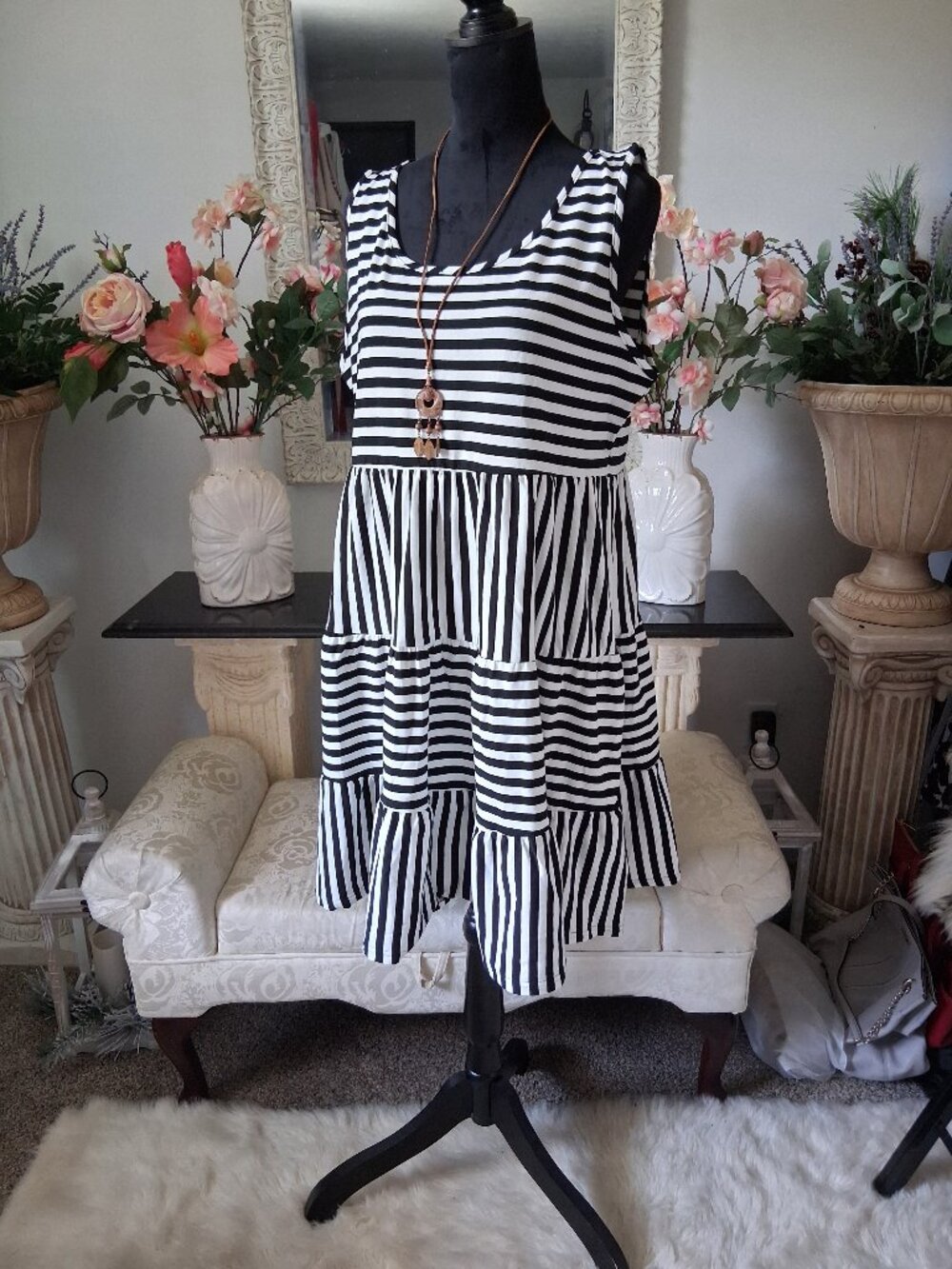 Woman's Black and White Striped Mini Dress